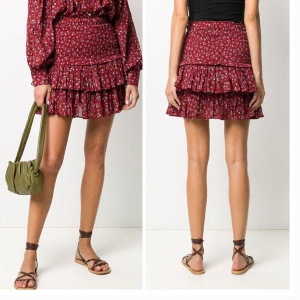 Isabel Marant Etoile Naomi Floral Print Skirt Burgundy Ruffle Smocked Sz 34/XS